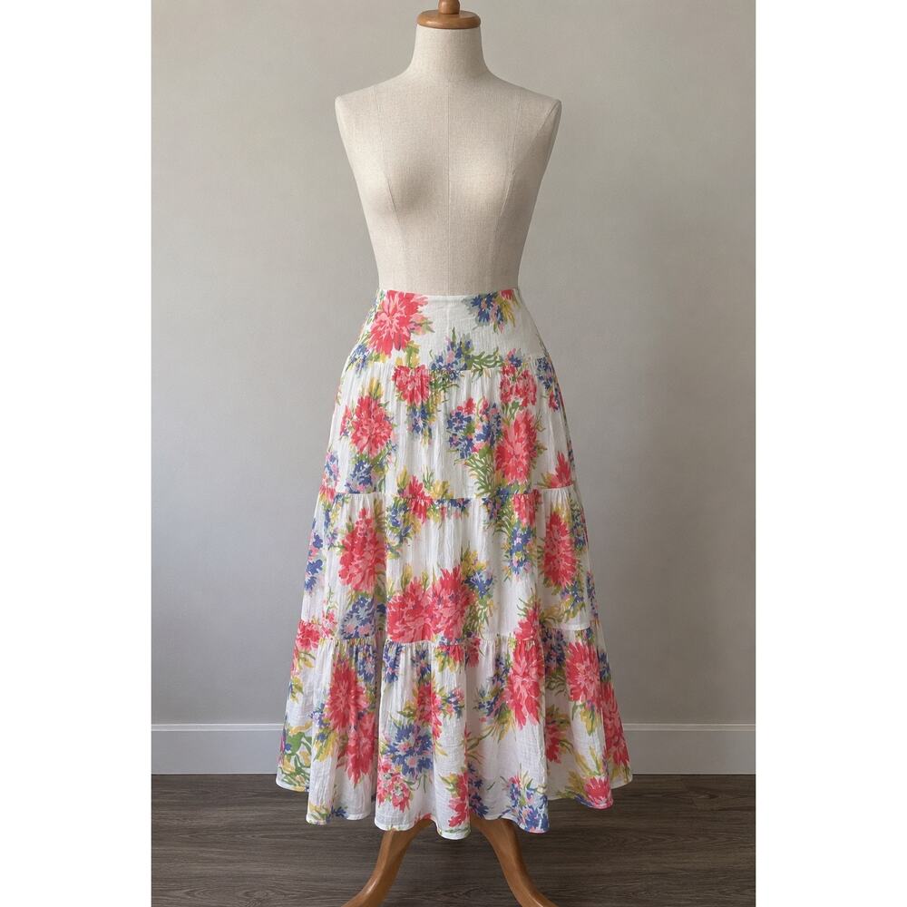 Chaps Denim Floral Tiered Maxi Skirt L 10/12 Cotton Boho Coastal Cottagecore - Picture 2 of 8